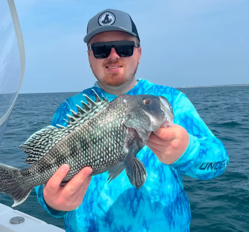 bottom-1 Man in a blue shirt and cap holding a large fish on a boat with the ocean in the background.