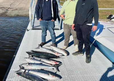 Three men stand on a dock next to a row of large fish they caught, with a boat and water nearby.
