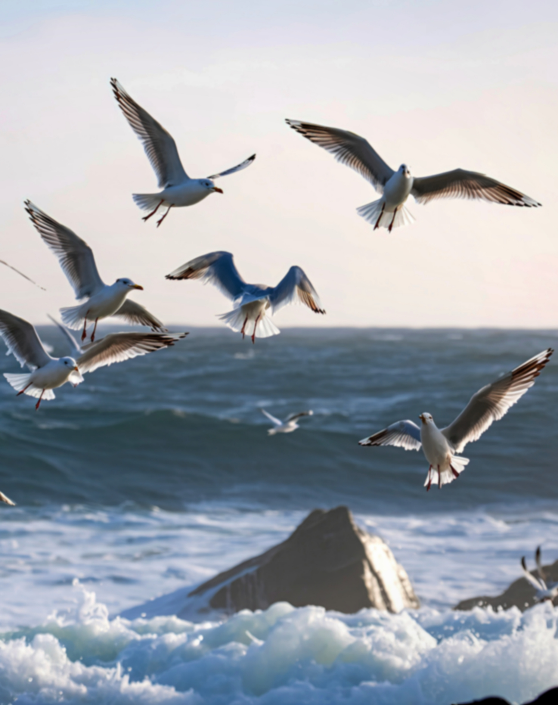 Seagulls flying above ocean waves near rocks on a bright, partly cloudy day.
